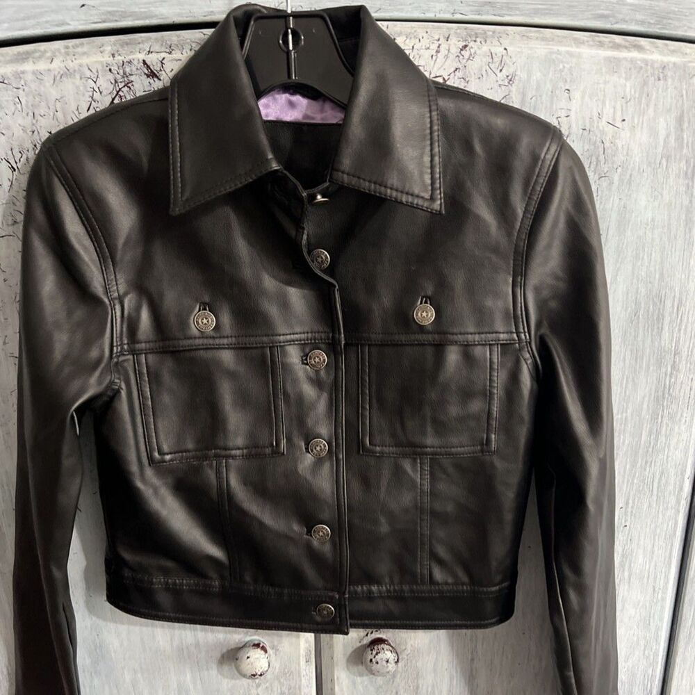 Rampage faux leather cropped long sleeve jacket Y2K black Small